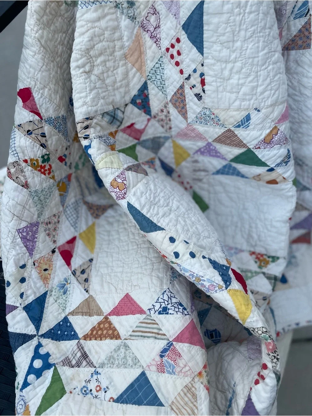 Vintage Feedsack Ocean Wave Quilt Hand Quilted 82x70 Cottage Farmhouse